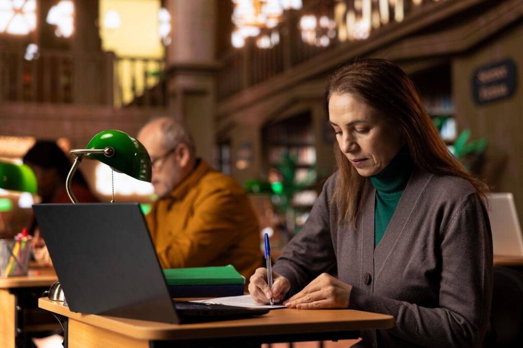 Mulher estudando em notebook e em dúvida entre pós-graduação lato sensu e stricto sensu, pesquisando opções de especialização e carreira.