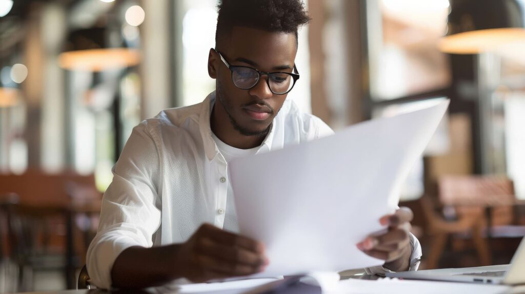 Um jovem organizando seu currículo para oportunidades de estágio e trainee, focado no planejamento de sua carreira.