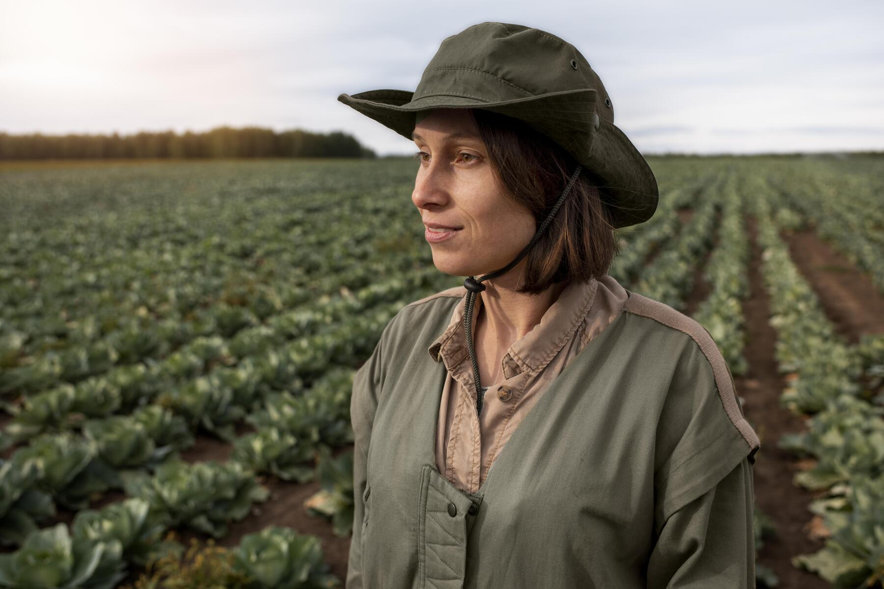 Profissional no campo de cultivo observando plantação, simbolizando a carreira em Agronomia e o trabalho diário na agricultura.