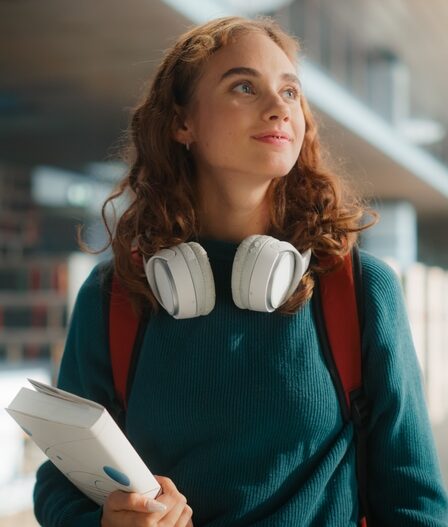 Mulher jovem usando um headfone olha para cima rindo enquanto segura um livro.