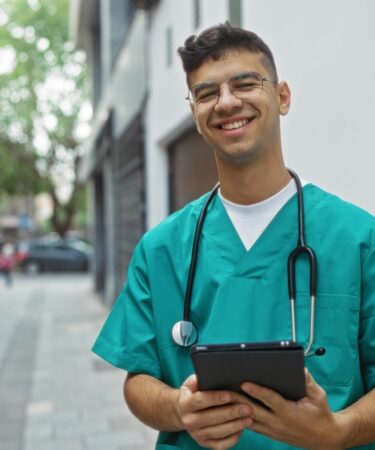 Jovem técnico de enfermagem sorrindo vestindo uniforme e estetoscópio.