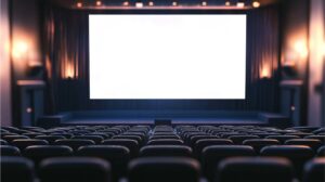Imagem de uma sala de cinema completamente vazia vista da parte de trás, como se fosse a visão do projetor.