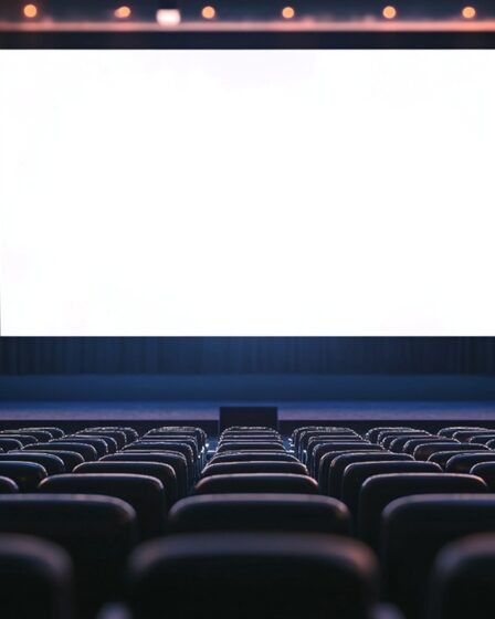 Imagem de uma sala de cinema completamente vazia vista da parte de trás, como se fosse a visão do projetor.