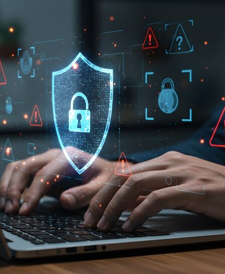 Feche as mãos digitando no laptop com holograma de escudo digital, proteção de segurança cibernética, defesa de firewall, privacidade de dados on-line e interface de alertas de advertência de segurança da Internet.