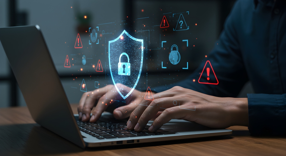 Feche as mãos digitando no laptop com holograma de escudo digital, proteção de segurança cibernética, defesa de firewall, privacidade de dados on-line e interface de alertas de advertência de segurança da Internet.