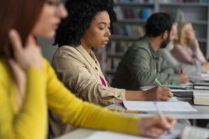 Estudantes sentados em sala de aula durante uma prova, representando o contexto de avaliação e aprendizado relacionado a o que é Enade.
