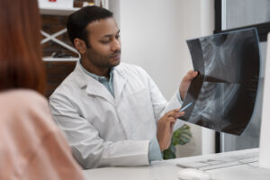 Médico examinando um raio-x do tórax e apontando detalhes importantes, demonstrando habilidades desenvolvidas em um curso de Radiologia.
