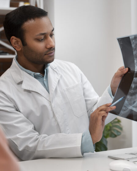Médico examinando um raio-x do tórax e apontando detalhes importantes, demonstrando habilidades desenvolvidas em um curso de Radiologia.