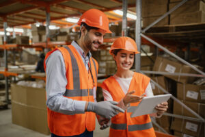 Trabalhadores com equipamentos de proteção segurando um tablet, exemplificando a Segurança do Trabalho.
