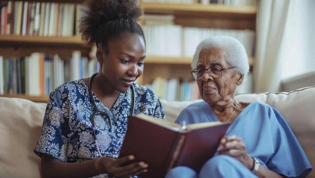 Profissional de saúde lendo livro com idosa em casa, representando o que é Gerontologia na prática.