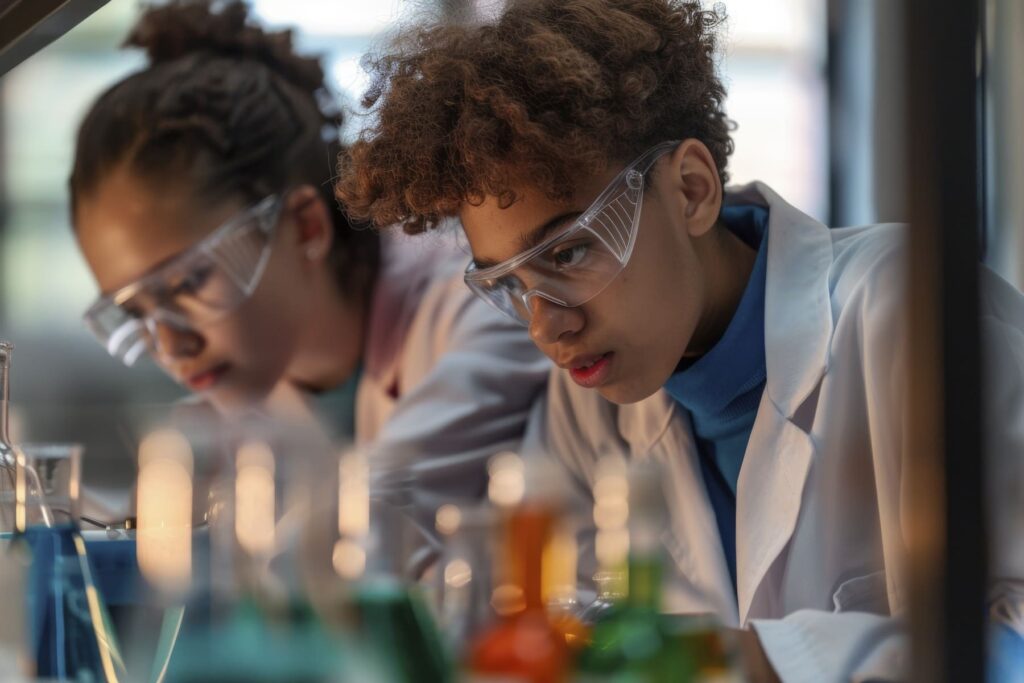  Estudantes de jaleco e óculos de proteção realizam experimentos químicos, prática comum no Bacharelado em Ciências Biológicas.