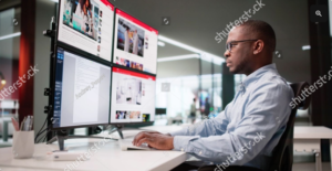 Jornalista em escritório trabalhando analisando monitores de computador.