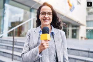 Mulher jornalista com microfone trabalhando em ambiente externo.