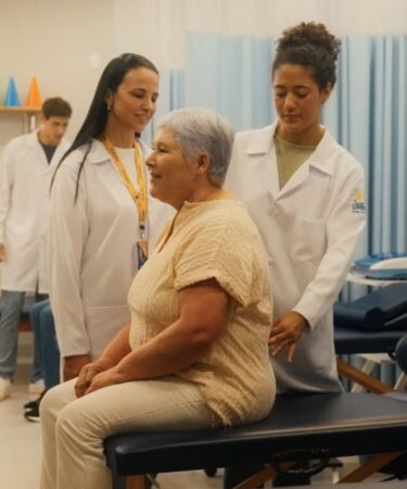Júlia, personagem da novelinha da Uninter "O Próximo Passo", realiza práticas do curso de Fisioteria com orientações de uma professora.