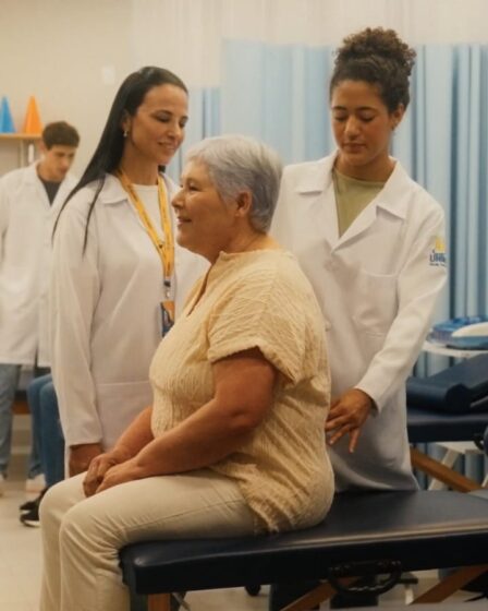 Júlia, personagem da novelinha da Uninter "O Próximo Passo", realiza práticas do curso de Fisioteria com orientações de uma professora.