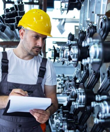 Especialista em Engenharia de Produção inspecionando componentes industriais e registrando informações para controle de qualidade em ambiente fabril.