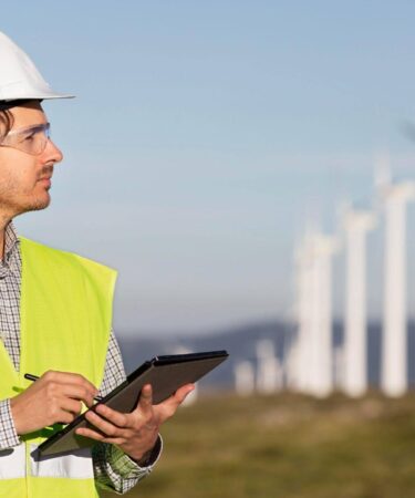 Especialista em engenharia ambiental realizando inspeção em parque eólico com tablet, monitorando o desempenho de turbinas para produção sustentável de energia.