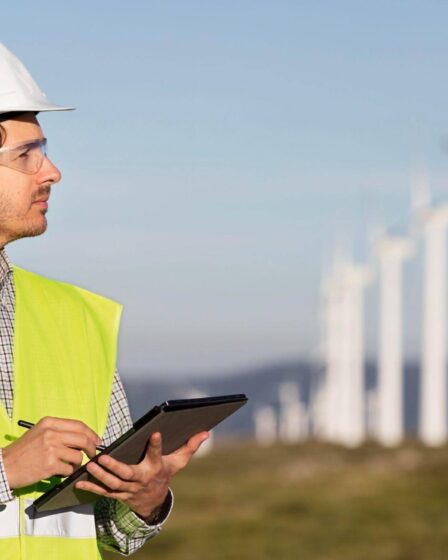 Especialista em engenharia ambiental realizando inspeção em parque eólico com tablet, monitorando o desempenho de turbinas para produção sustentável de energia.