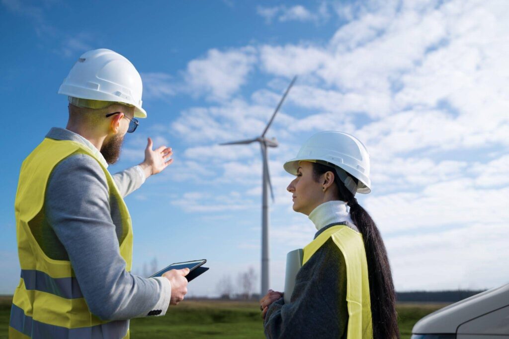 Profissionais de Engenharia Ambiental inspecionando turbina eólica em parque de energia renovável durante avaliação técnica.