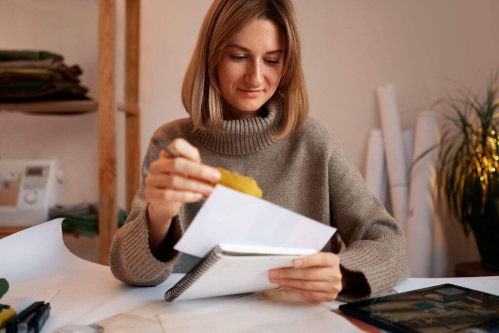Mulher organizando documentos e um caderno espiral enquanto segura um envelope amarelo. Ao fundo, há uma estante com tecidos, uma máquina de costura.