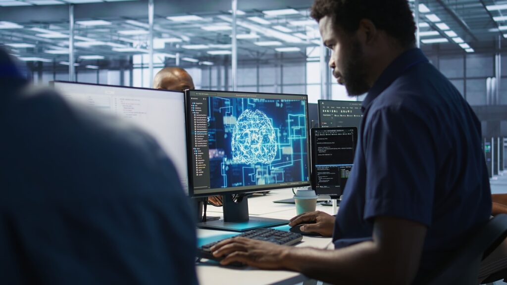 Profissionais de tecnologia analisando sistemas de inteligência artificial em computadores, com visualização de uma rede neural.