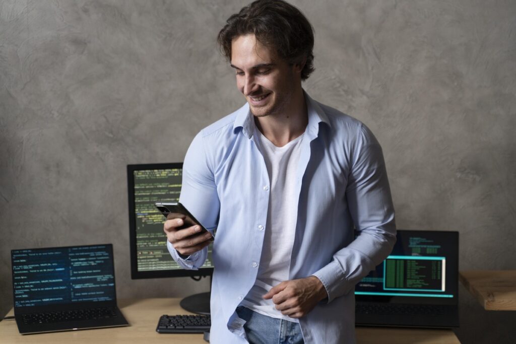 Desenvolvedor sorrindo enquanto utiliza um celular em frente a monitores com código, representando o trabalho com Engenharia de Software para Dispositivos Móveis.