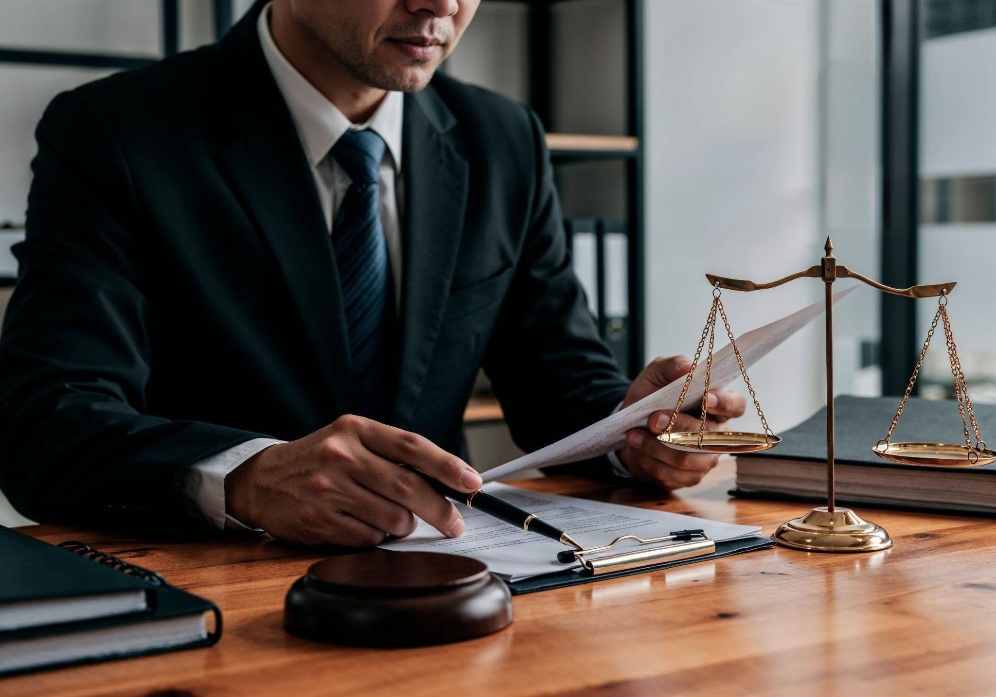 Advogado analisando documentos ao lado de uma balança da justiça em escritório, representando atuação e consultoria em Direito Administrativo.