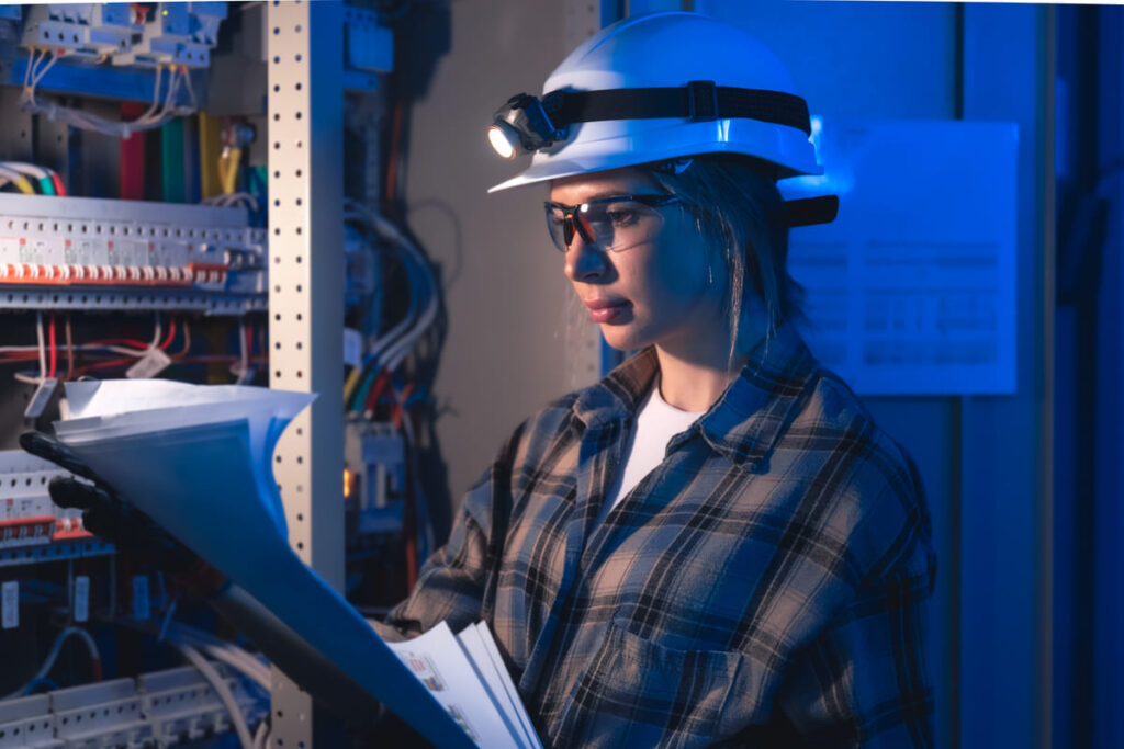 Profissional analisa projeto elétrico em painel industrial durante atividades relacionadas à pós-graduação em Engenharia Eletrotécnica.