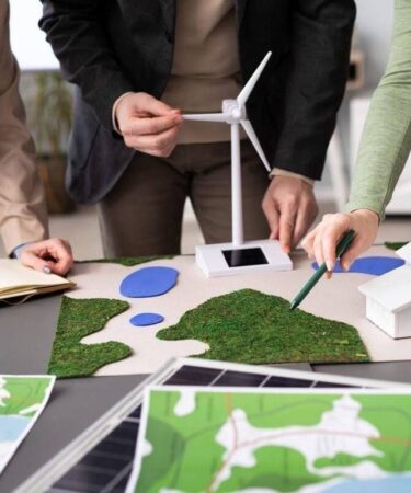 Equipe de profissionais planeja soluções de energia renovável sobre uma maquete com turbina eólica, ilustrando projetos sustentáveis e a formação da pós em Engenharia Ambiental.