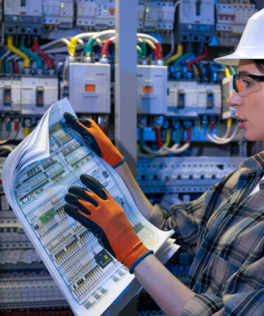 Profissional verifica documentos técnicos diante de um painel elétrico industrial, em contexto de pós-graduação em Engenharia Eletrotécnica