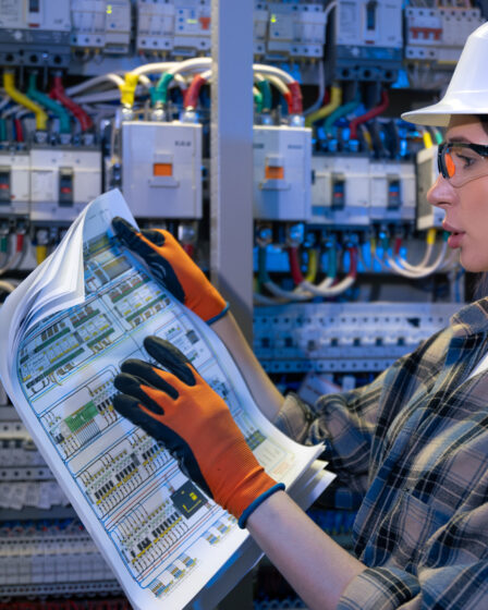 Profissional verifica documentos técnicos diante de um painel elétrico industrial, em contexto de pós-graduação em Engenharia Eletrotécnica